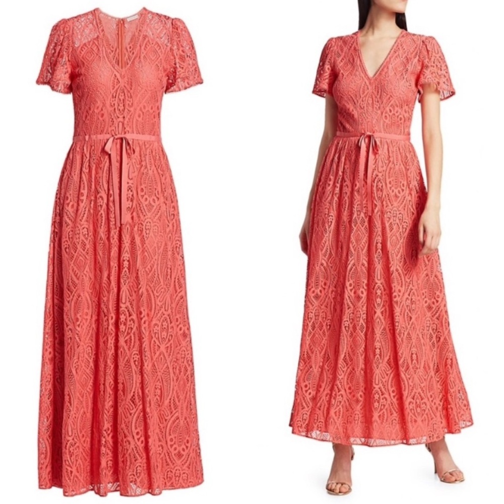 Monique Lhuillier Coral Lace Maxi Dress